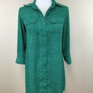 CAbi XS Shirt Dress Emerald Green White Dot Roll Tab Sleeve Button Front 429